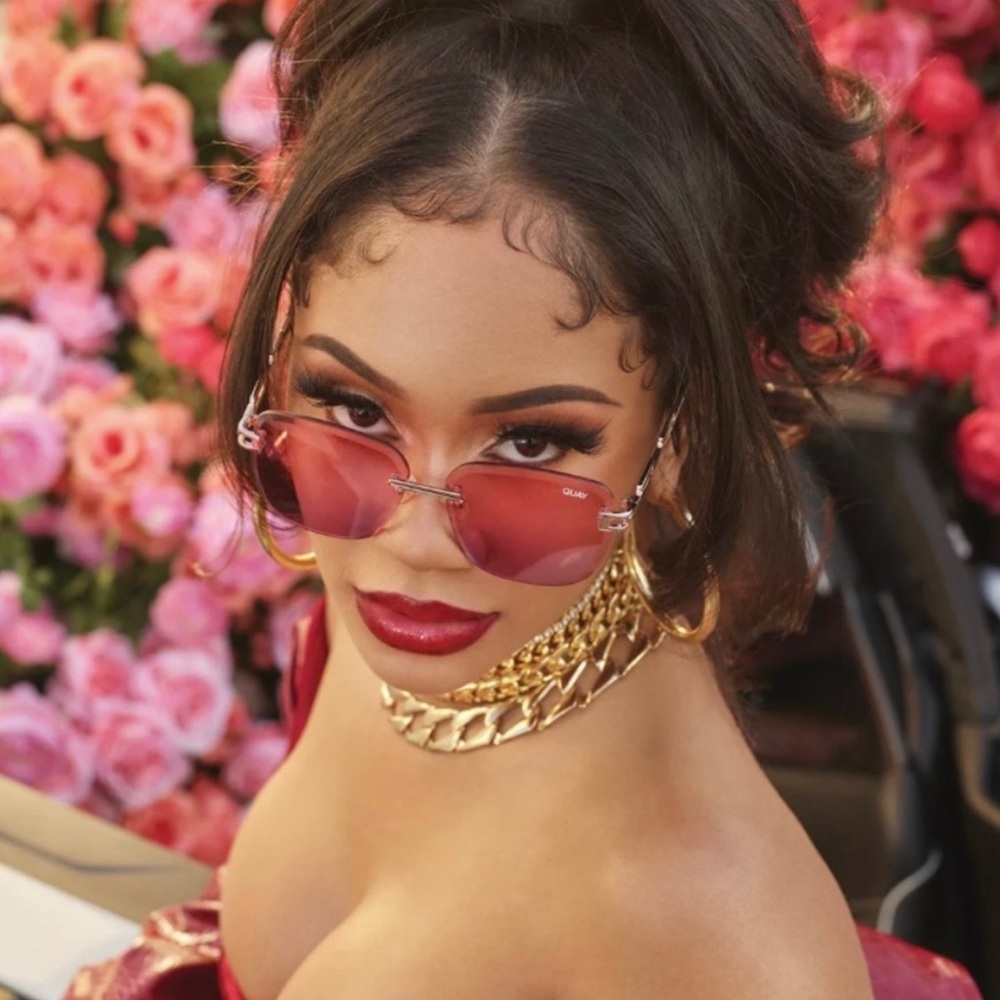 Quay Australia x Saweetie No Cap Sunglasses Gold/Coral Pink w/ Case and Cloth